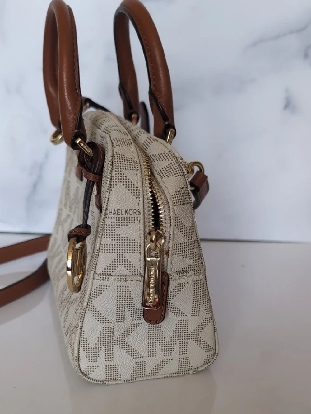 Michael Kors Cream and Brown Logo Satchel with Gold Accent